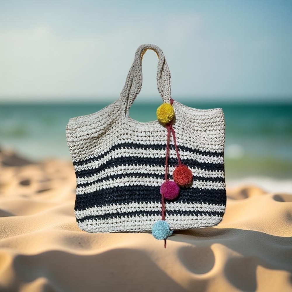 Woven medium/large Straw Tote & round primary colored Pom Pom’s! BOHO,beach bag